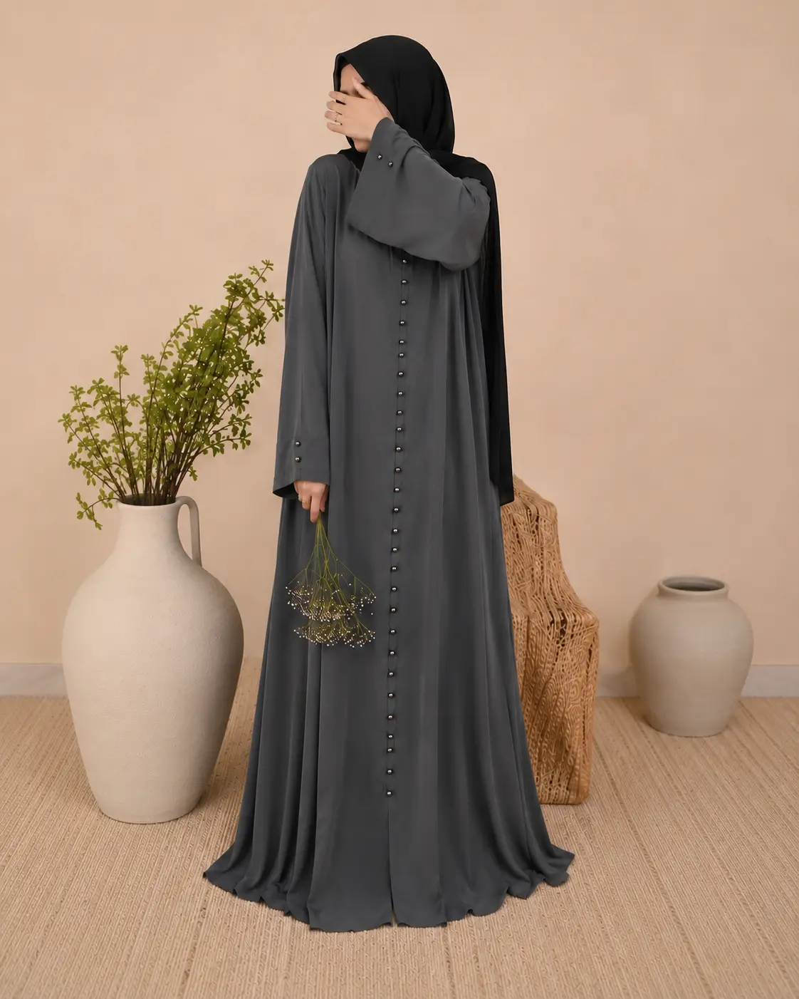 Pearl Front - Charcoal Grey Abaya